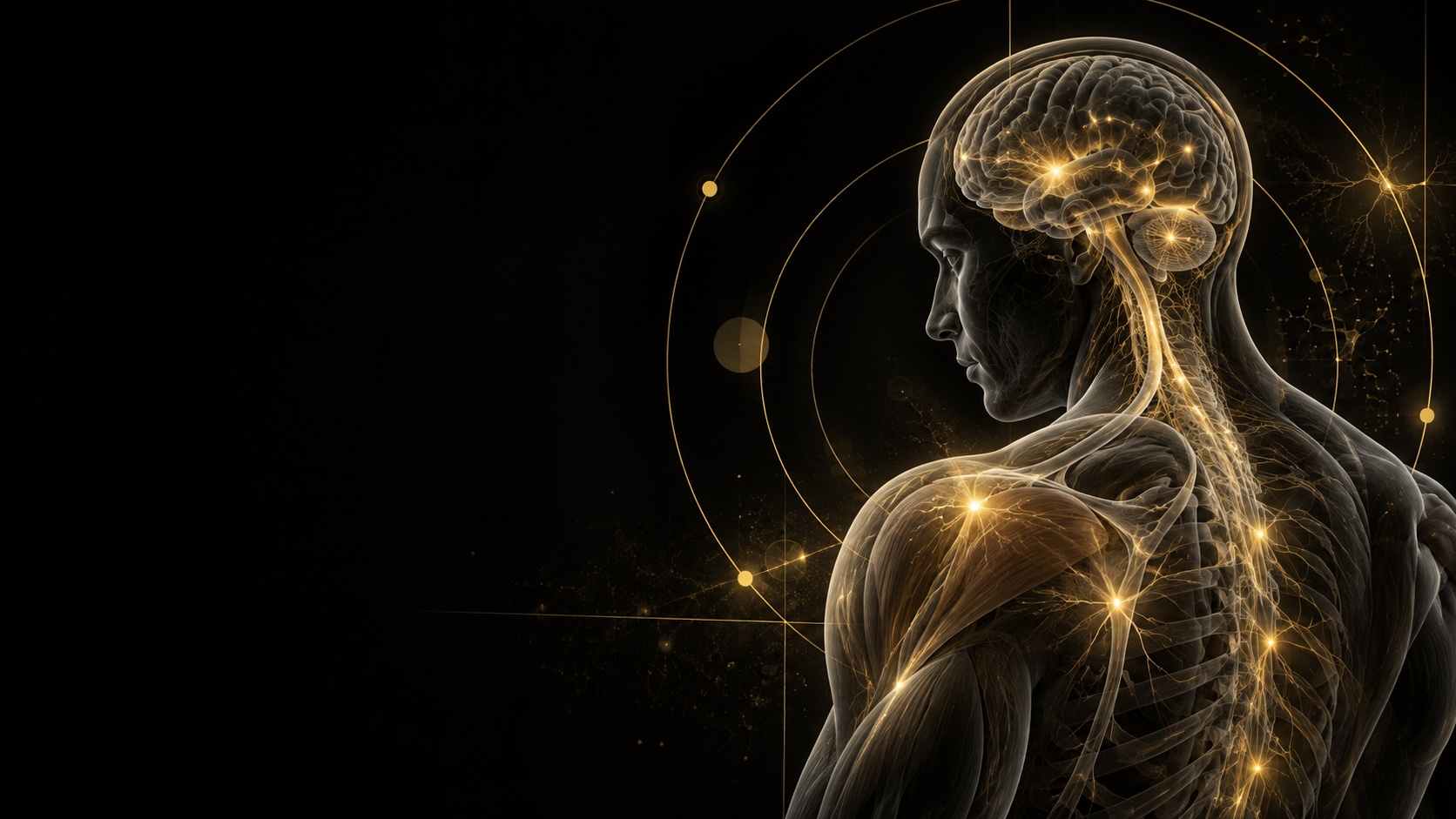 Ilustración científica del sistema nervioso humano con actividad neural destacada en dorado sobre fondo oscuro.